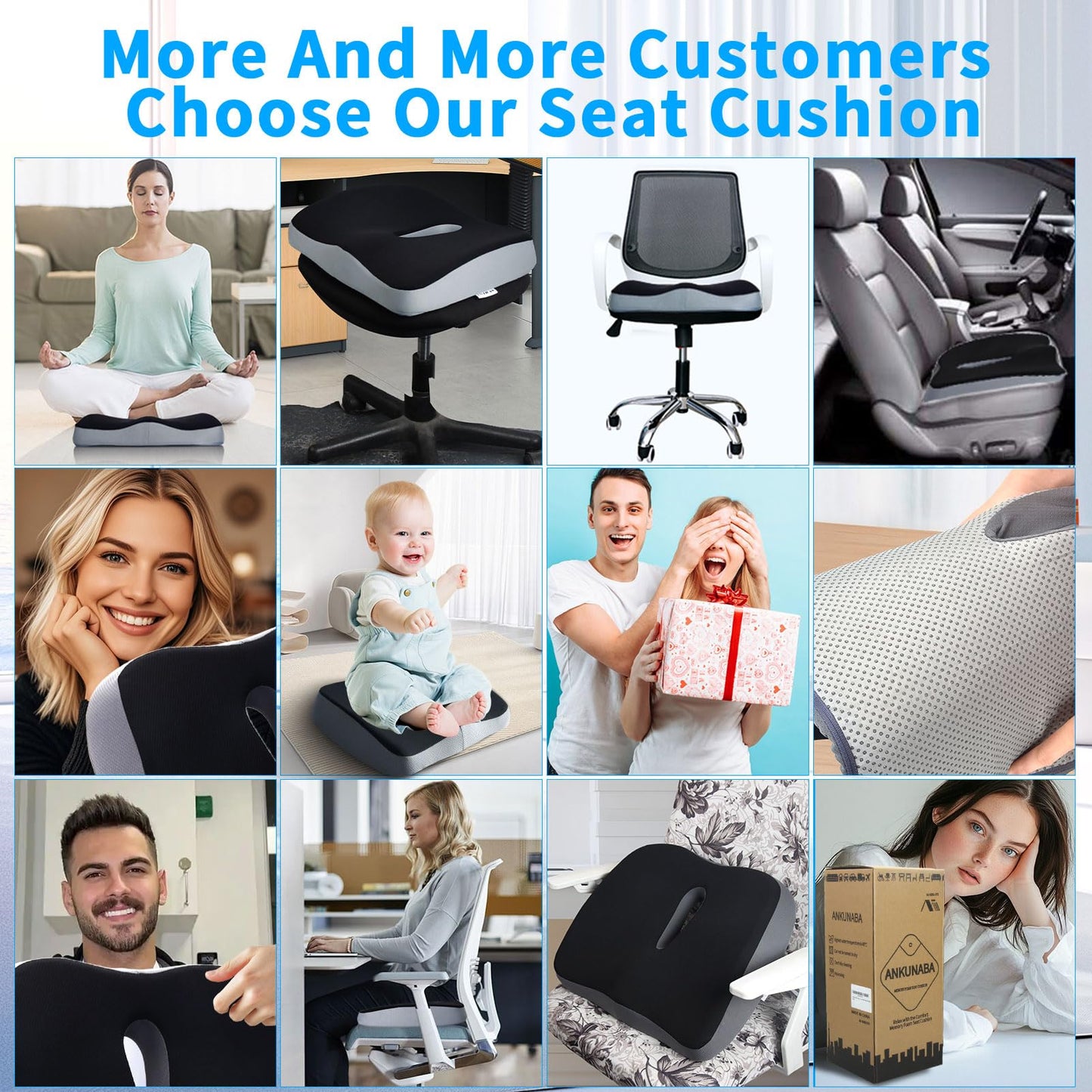 ANKUNABA Seat Cushions for Office Chairs, Large Memory Foam Desk Chair Cushion for Coccyx Tailbone Sciatica Back Pain Relief, Orthopedic Chair Pad for Car Wheelchair Computer Long Sitting (Black)