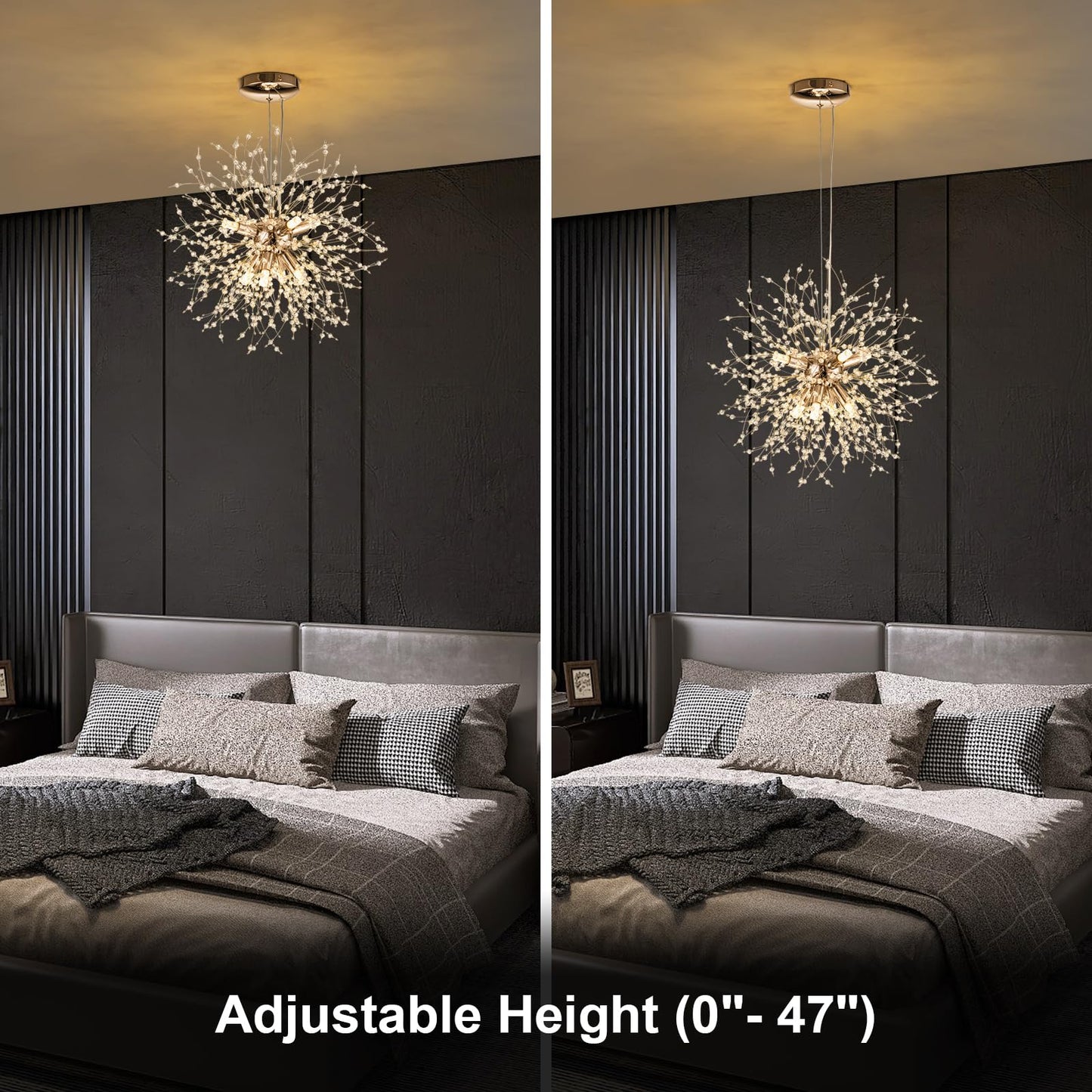 AMZERA 8-Light Gold Dandelion Chandeliers Crystal Modern Firework Lighting Fixtures for Dining Room Kitchen Foyer Entryway Bedroom Hallway Bar