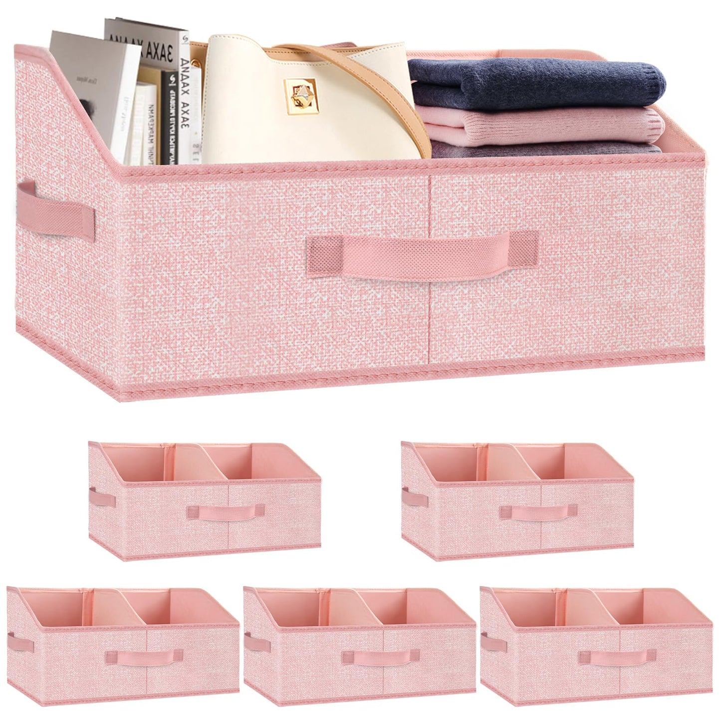 Wrrlors Fabric Wardrobe Storage Bins -6 Pack， Large Pink Foldable With Handles And Dividers Trapezoidal Wardrobe Storage Boxes, Suitable For Storing Clothes, Books, Wallets, Toys, Etc.