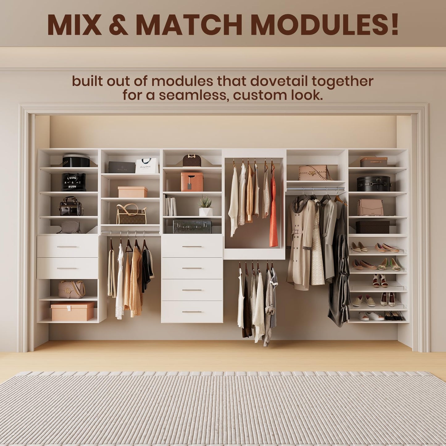 ROOMTEC Modular Closet System, 64" Wall Mounted Closet Organizer with Hanging Rods and Drawers, Wooden Tower for Walk-In Closets, Wardrobe Storage Kit, White