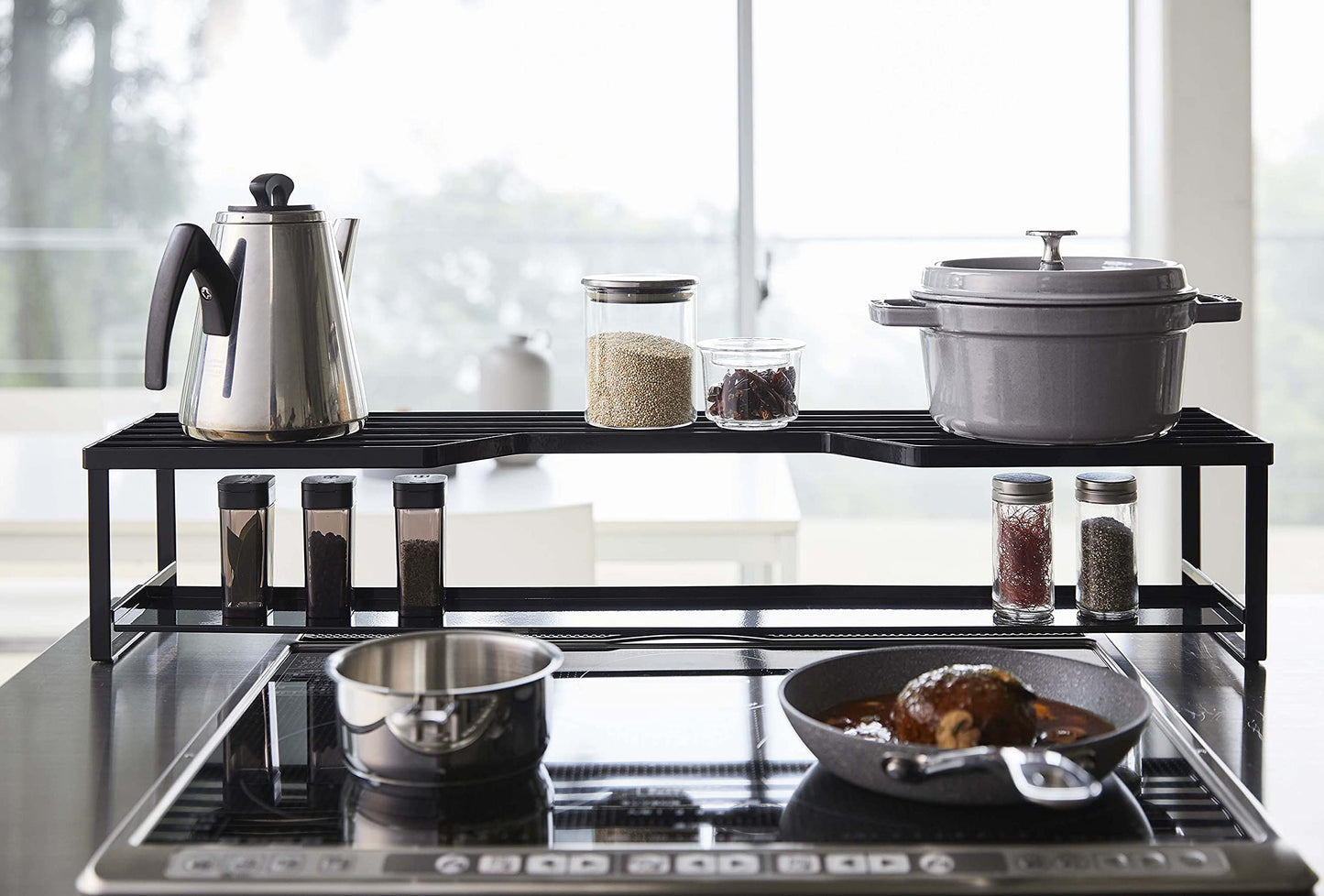 Yamazaki 5269 Stove Back Rack with Exhaust Outlet Cover, for 23.6 inches (60 cm) Stove, Black, Approx. 27.6 x 7.1 x 5.9 inches (70 x 18 x 15 cm), Tower Sliding Type, Exhaust Outlet Cover with Shelf