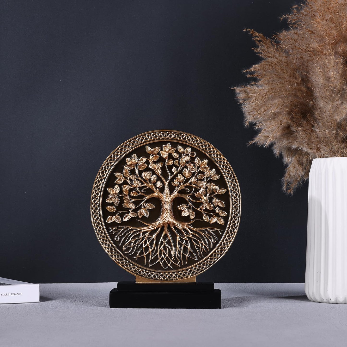DOVDOV Abstract Circular Tree of Life Decorative Sculpture, Black and Gold Home Decor, Modern Art Home Accent Suitable for Office Shelves, Coffee Tables, and Above Cabinet Decorative Statue.
