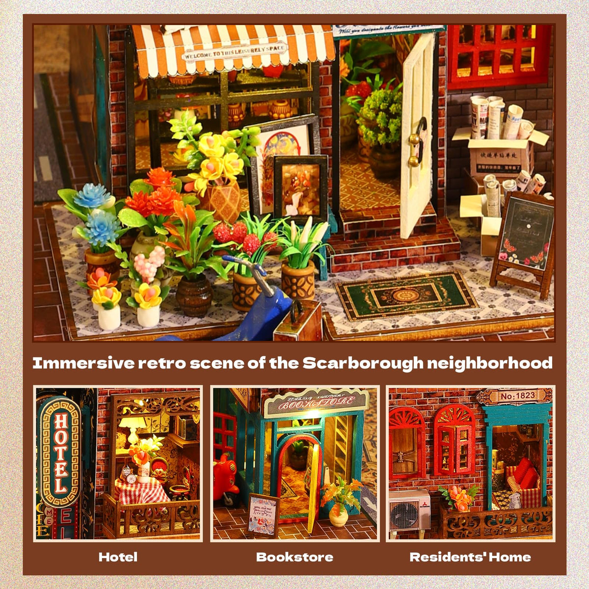 Hallisun DIY Miniature House Building Kits, Scarborough Hotel and Momo Tea House 3D Wooden Dollhouse Toys, Birthday Festival Gift for Teens Adults with Dustproof Covers