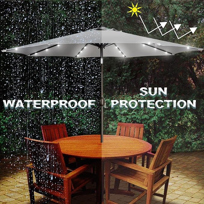 Blissun 9 ft Solar Umbrella, Patio Umbrella with 32 LED Lights, Table Market Umbrella, Outdoor Umbrella for Garden, Deck, Backyard (Light Grey)
