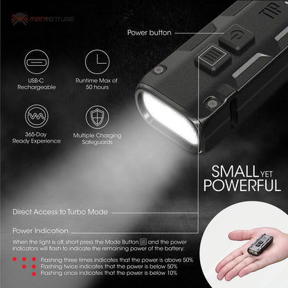 Nitecore TIP SE Mini Flashlight – 700 Lumens LED – Rechargeable USB C – Keychain Torch – Waterproof IP54 with 4 Modes 26g ([Black])