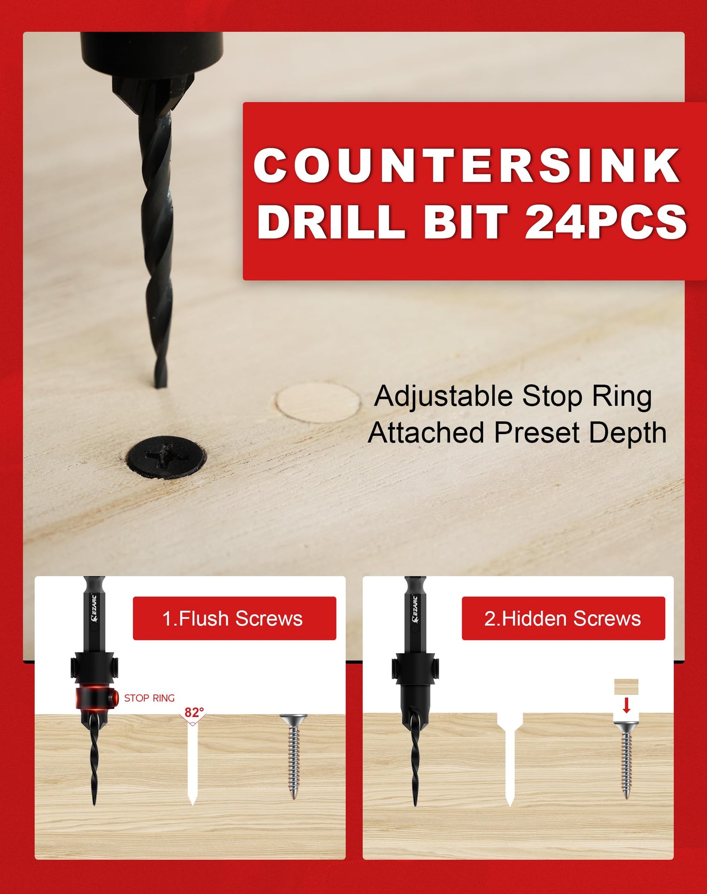 EZARC Countersink Drill Bit Set, 24 PCS Tapered Drill Bits Counter Sink Drill Bit with 6PCS Wooden Sticks 1/4" Hex Shank Quick Change for Woodworking with Storage Box