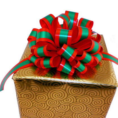 Red Green Striped Christmas Bows - 8" Wide, Set of 6, Xmas Pull Bows for Presents, Gift Baskets, Wreath, Swag, Garland, Winter Holiday Decor, Classroom, Office, Decoration