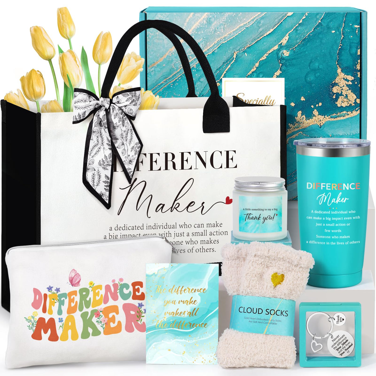 Suhctuptx Thank You Gifts for Women, Difference Maker Gift Appreciation Gifts Inspirational Basket Farewell Gift with Canvas Tote Bag for Teachers Nurse Boss Coworkers Employee Mentor Principal