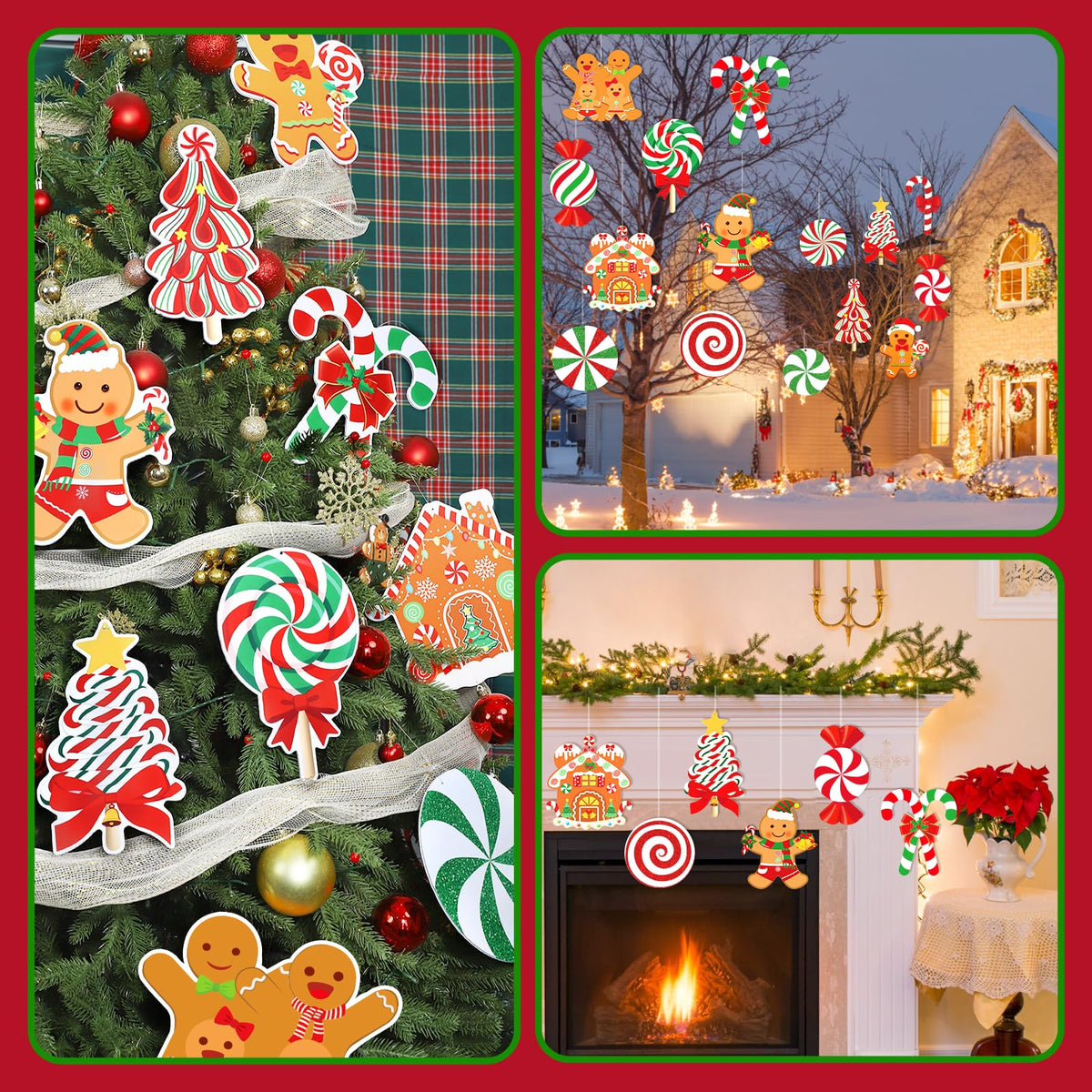 18pcs Large Candy Gingerbread Christmas Decorations Outdoor Hanging Yard Candy Gingerbread Men House Christmas Ornaments Thick Plastic for Yard Porch Christmas Tree Decorations