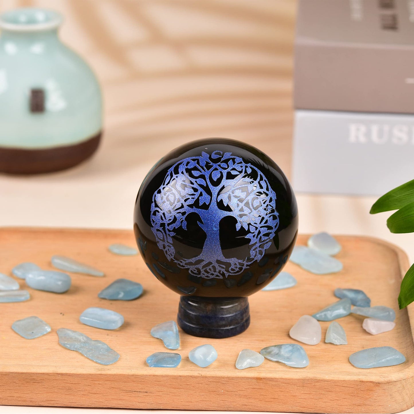 JIC Gem Small Black Obsidian Crystal Ball Sphere Carving Tree of Life with Blue Sodalite Decorative Stand for Meditation, Healing, Feng Shui (60mm / 2.2in)