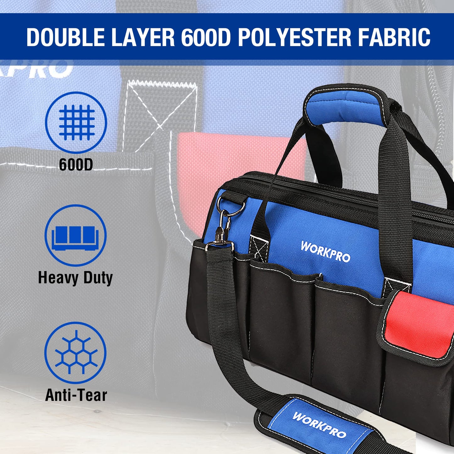 WORKPRO 18-inch, Large Heavy Duty Tool Bag Organiser, Multi-Purpose Wide Open Mouth Storage Bag, Waterproof Electricians Tool Bag with Adjustable Shoulder Strap