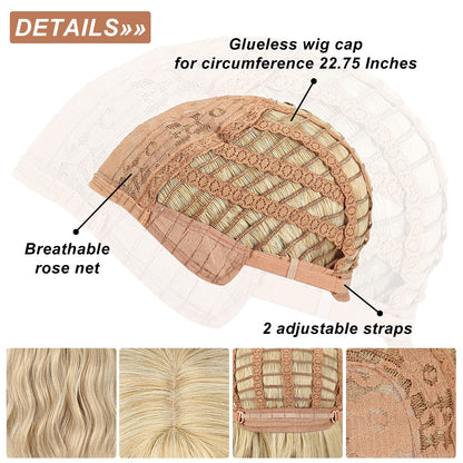 FAELBATY Blonde & Gold Bob Wig - Loose Wave, Air Bangs, Shoulder Length, Curly Wavy Synthetic, Mix Colors, 12"