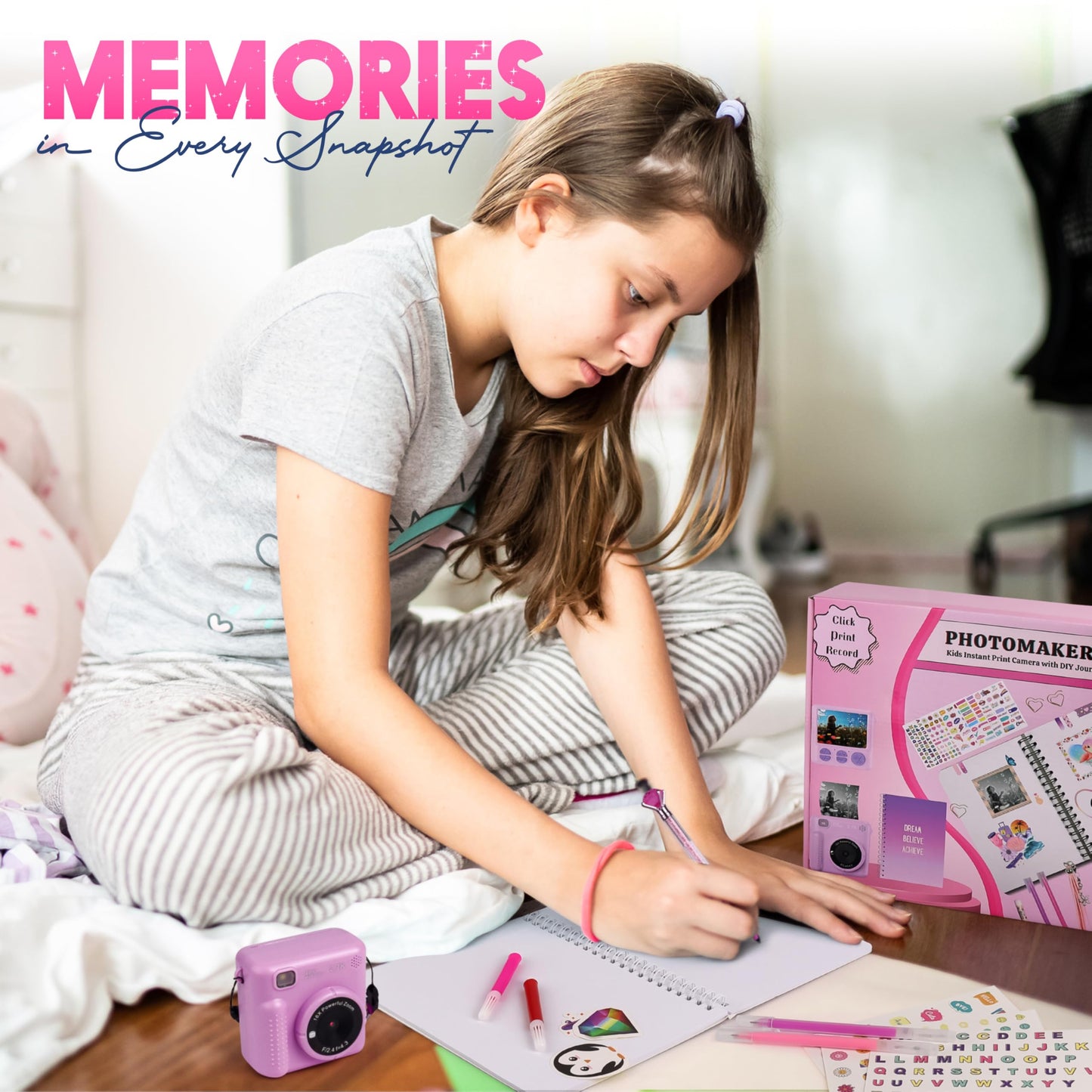 FINcredible Photomaker Kit - Instant Print Camera for Kids Plus DIY Journal Kit for Girls - 150 Pcs Tween Journal & Camera for Girls - 6 7 8 9 10 11 12 13 14 Year Old Girl (Lilac)