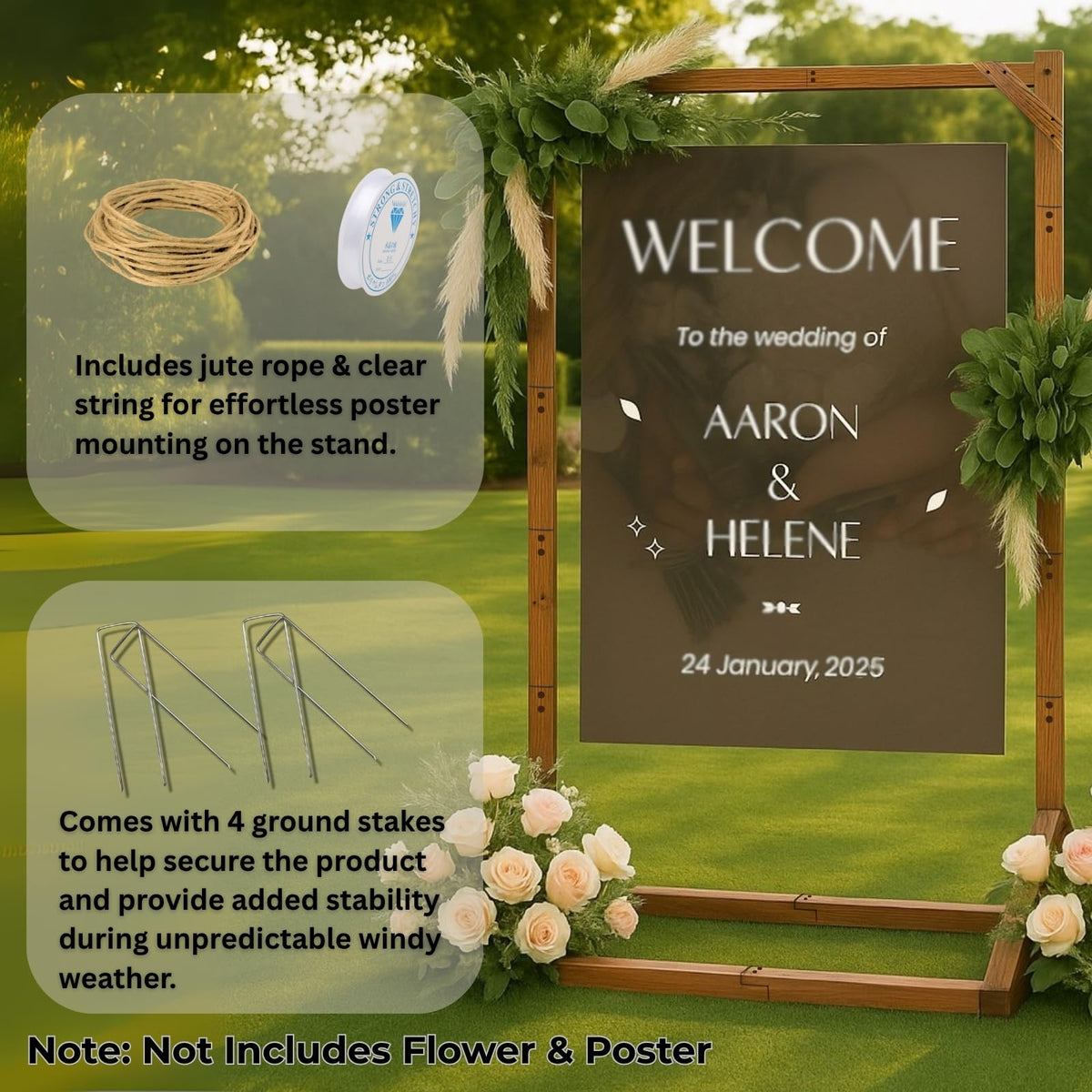 Merrifete Wooden Welcome Sign Stand, Heavy Duty Adjustable Sign Holder Stand Wood Easel w/ Poster Design Templates for Wedding, Bridal Shower, Baby Shower, Birthday Party, 62" x 30" x 20"