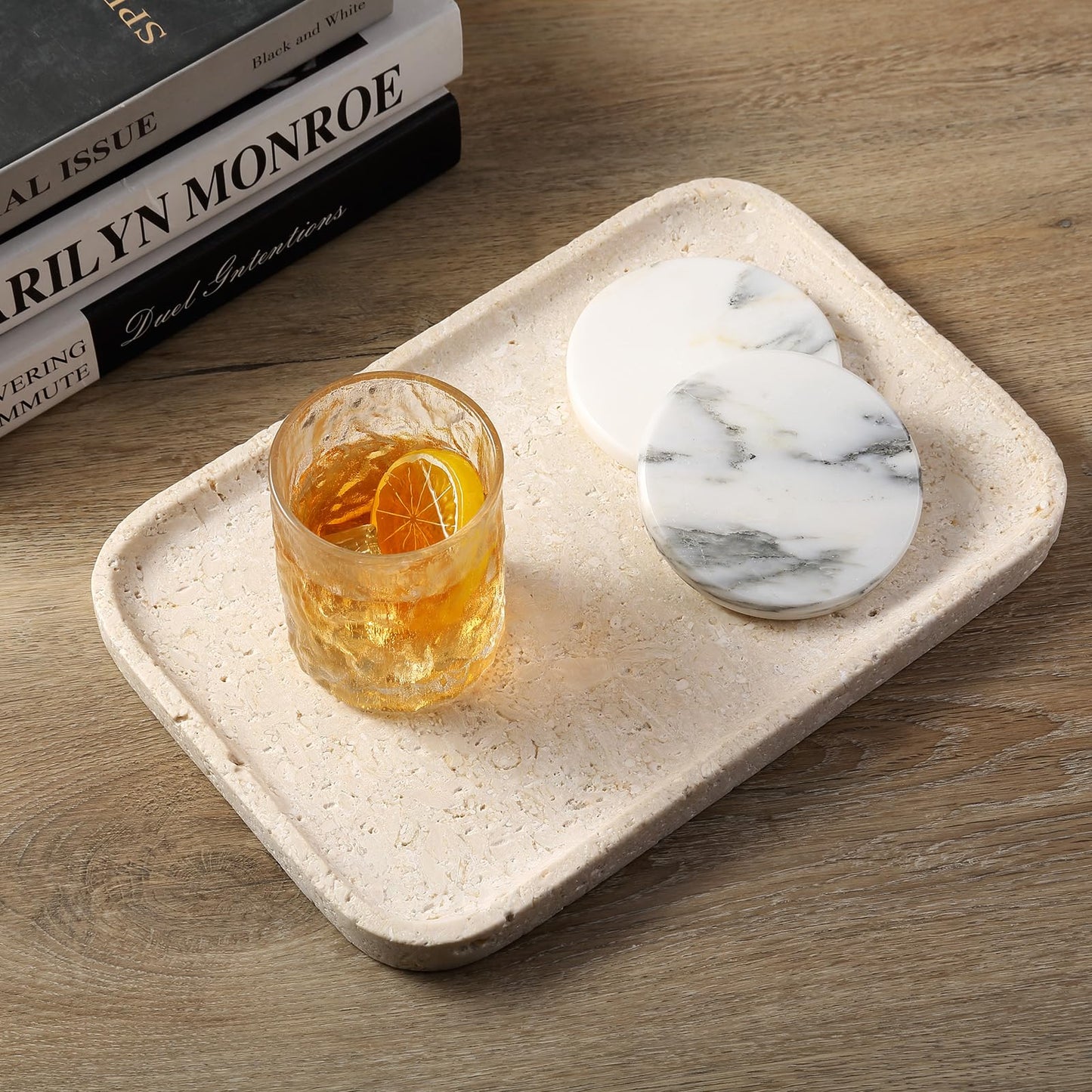 Karibiber Natural Marble Vanity Tray, 11.8" Marble/Stone Bathroom Tray Countertop, Beige Tray for Decor, Perfume Jewelry Holder, Storage/Organizer for Kitchen Sink