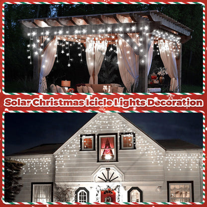 Newhale 30.5FT Solar Christmas Icicle Lights for Outside, 8 Modes Snowflake & Star Eaves Christmas Decorations, Waterproof Outdoor Solar String Lights Decor for Gazebo, Patio (White)