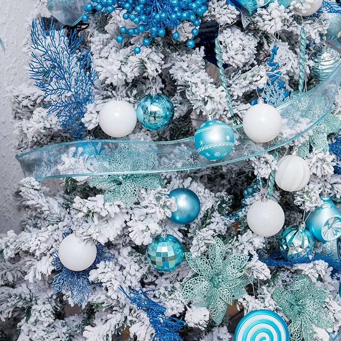 SY CRAFT 86 Pieces of Assorted Shatterproof Christmas Ball Snowflake Ornaments Seasonal Decorative Hanging Ornament Set with Hand-held Gift Package for Xmas Tree Decorations (Light Blue)
