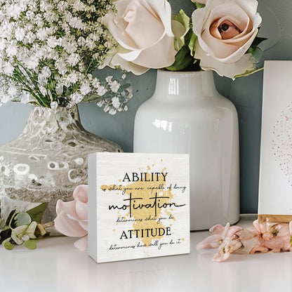 KFXHANGD Gold Office Inspirational Quotes Wooden Box Sign Desk Decor, Ability Motivation Attitude Decorative Signs, Motivational Home Shelf Desk Decor 5x5 Inch