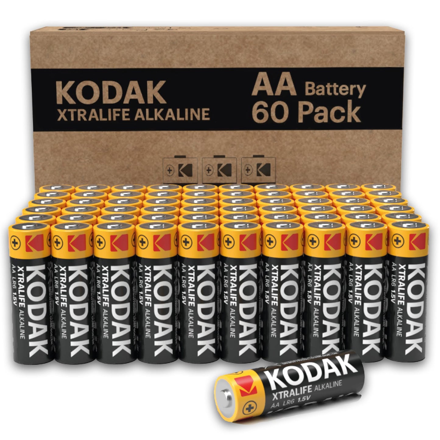 Kodak Xtralife 60-Pack AA Batteries, Double A Alkaline Battery Pack, 1.5V, 10-Year Shelf Life, LR6, Ideal for High-Drain Devices, 12x More Power, Plastic Free Cardboard Outer Carton