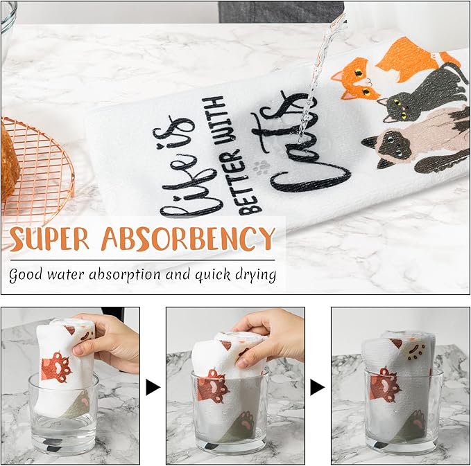 R HORSE 5Pcs Funny Kitchen Dish Towels, Cute Cat Dishcloths Gift, Absorbent