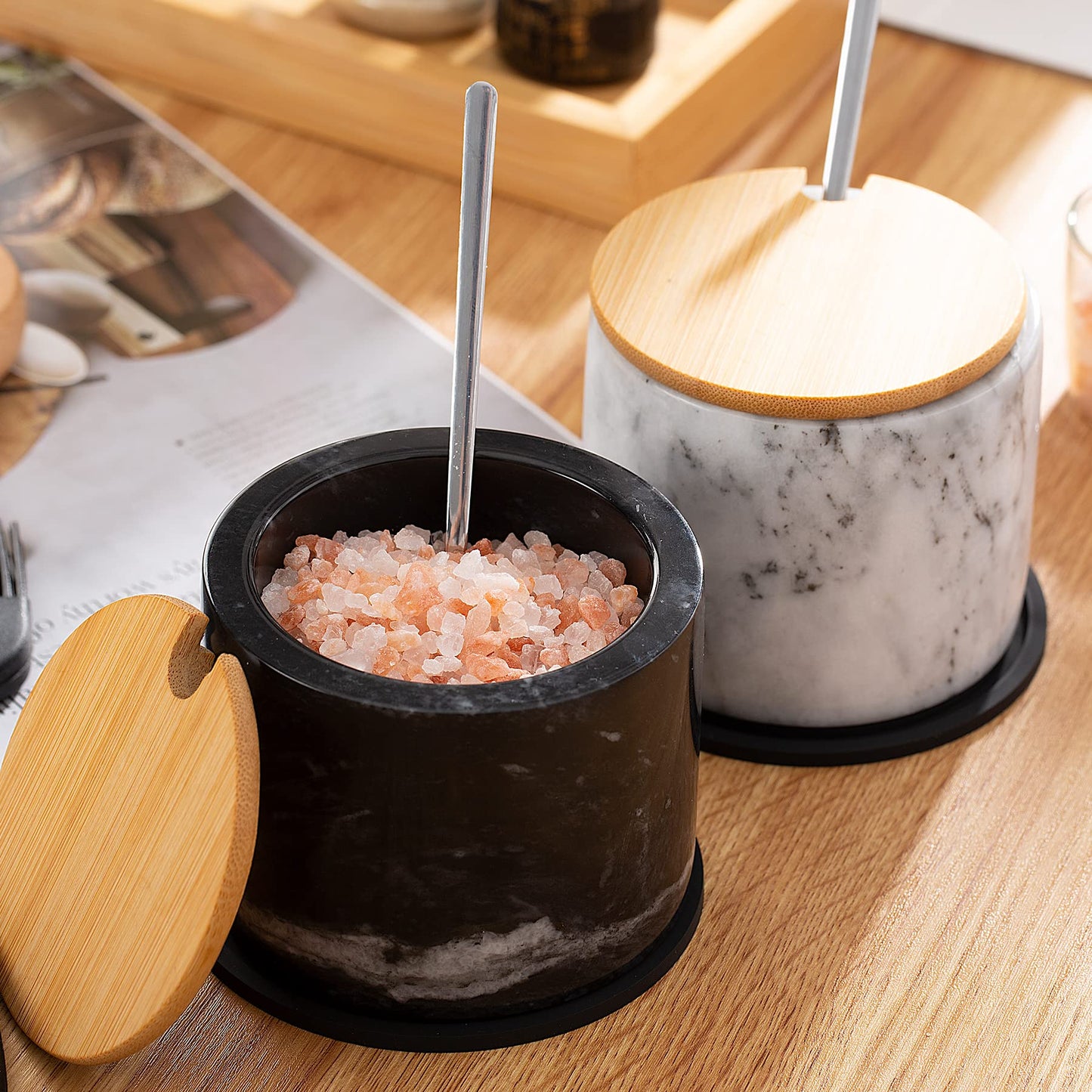 NHKRTE Marble Salt Cellar with Lid & Spoon, 11oz Salt and Pepper bowls, Handcrafted from Natural Marble, Smooth Inside (White)