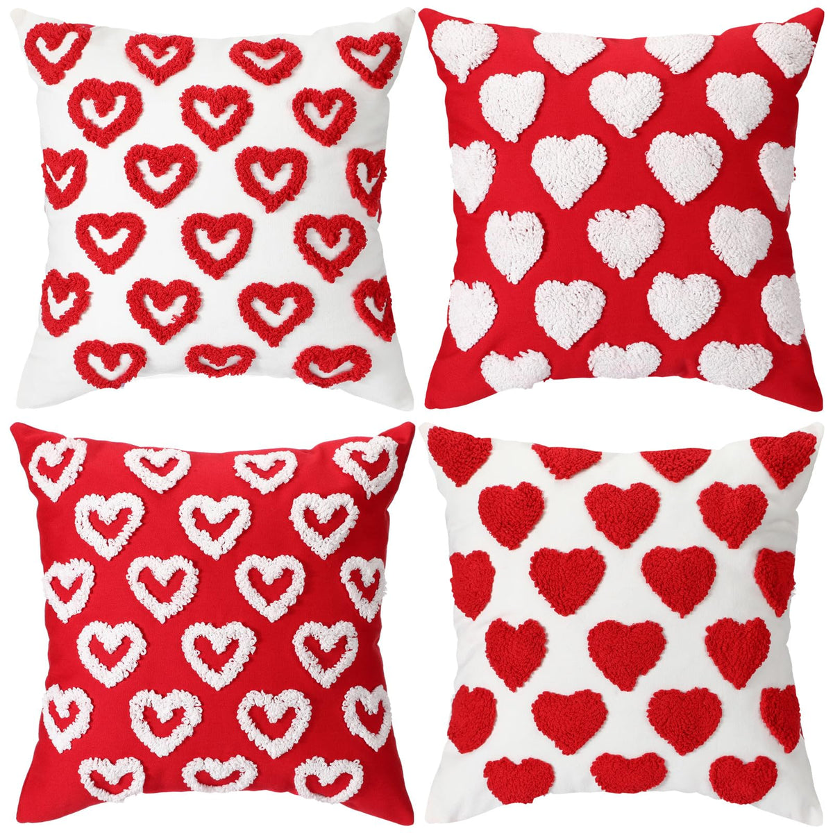 Fourluoo 4 Pcs Valentine's Day Throw Pillow Covers 18x18 Inch Soft Heart Decorative Pillowcase Plush White Red Soft Plush Pillow Covers Cushion Case Decorations for Sofa Living Room Valentine Gift
