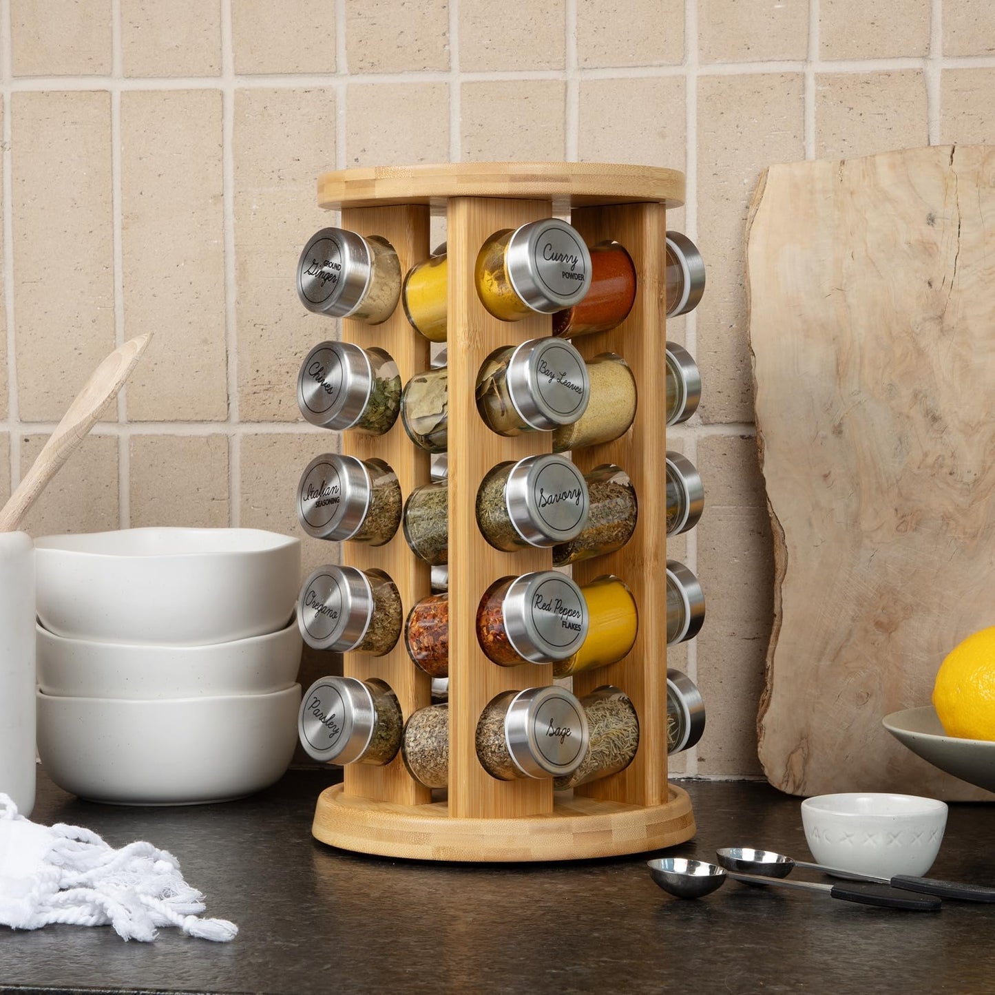 Orii 20 Jar Rotating Bamboo Spice Rack with Spices Included & 5-Year Free Spice Refill Program – Revolving Countertop Spice Rack with Glass Jars