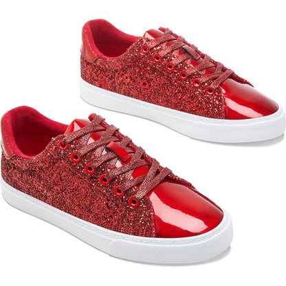 AISFAES Glitter Sneakers Sparkly Low Top Sequins Sneakers Lace Up Tennis Shoes Comfort Bling Shoes Fashion Shiny Walking Shoes(Red Glitter,12 Women/10 Men)