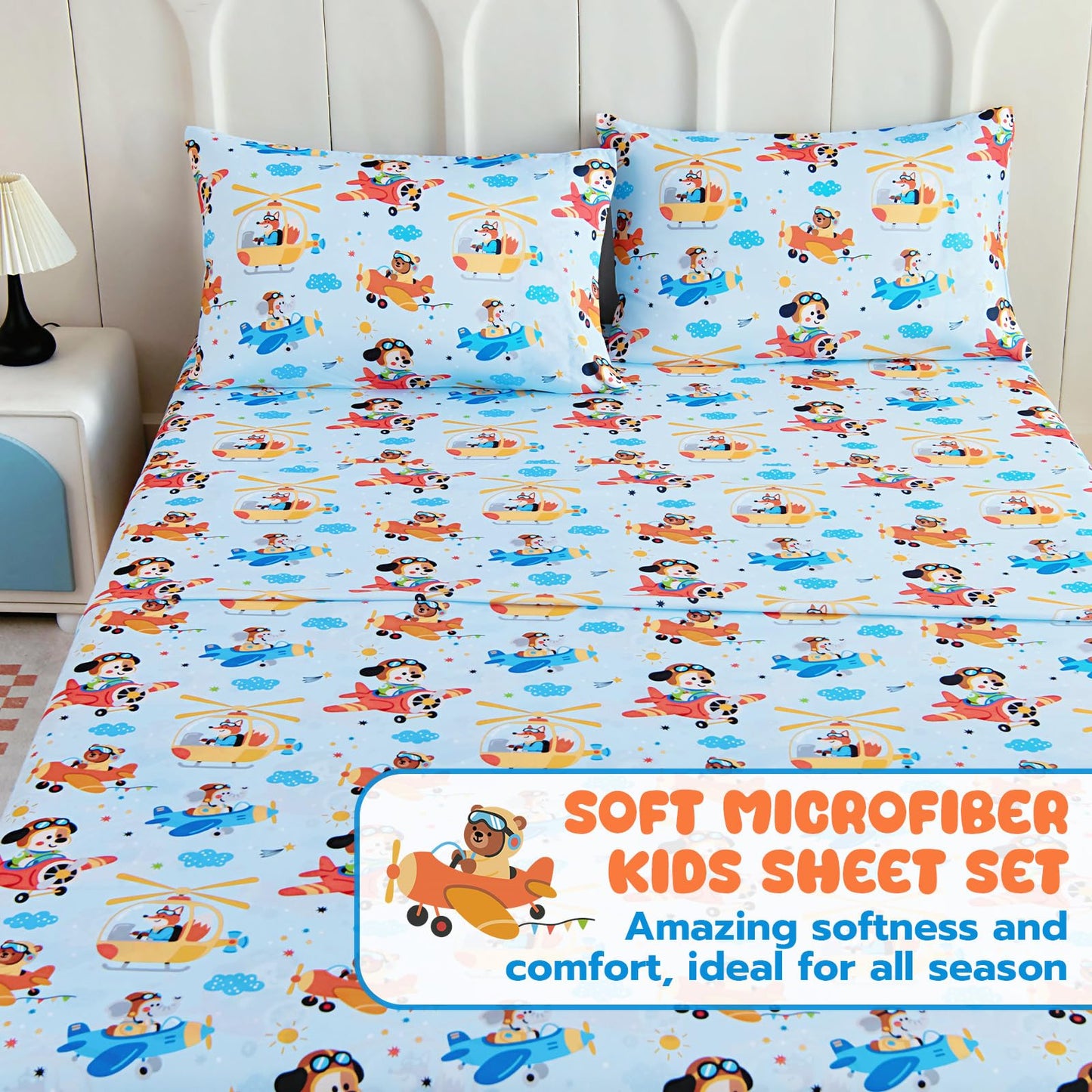 Homilay Full Sheet Set Kids - Airplane 4 Pieces Soft Microfiber Cartoon Style Bedsheets for Boys Girls Teens, Oeko TEX Breathable 15 Inch Deep Pocket Sheets(Animal Captain)