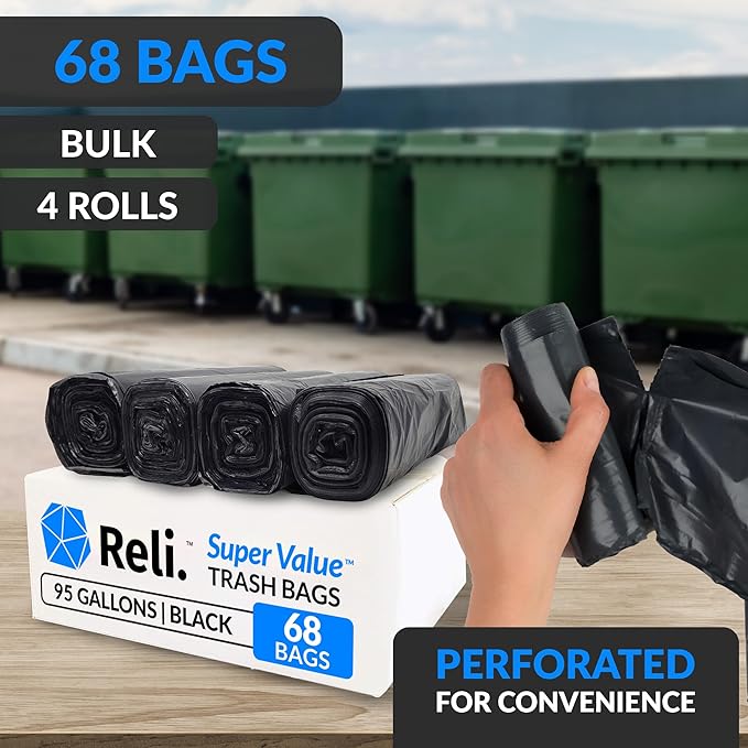 Reli. 95 Gallon Trash Bags Heavy Duty | 68 Trash Bags | Super Sizeable