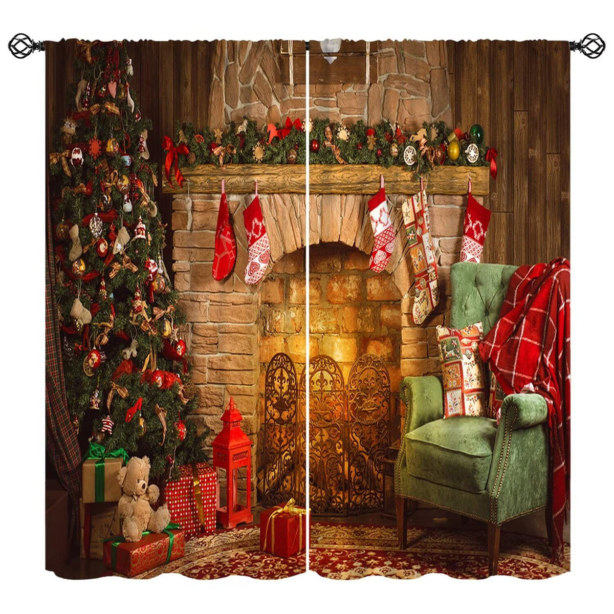 FengMingRui Christmas Window Curtain for Bedroom Fireplace Printed Window Treatment Winter Holiday Christmas Decor Window Drapes 42" W X 45" L