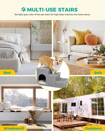 PETEPELA Dog Steps for Bed, 3 Steps for Dog Step for Sofa with Storage for Small Dogs for Bed, Foldable Pet Stairs for Couch and High Bed Hold up to 30KG, Wood Grey
