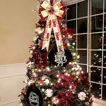 Christmas Tree Topper Bow with 30 LED Lights Decorations, 13”x25” Xmas Large Red Black Buffalo Plaid Rustic Farmhouse Wreath Bows with Truck Berries Pine Cones Pine Needles for Front Door Outdoor