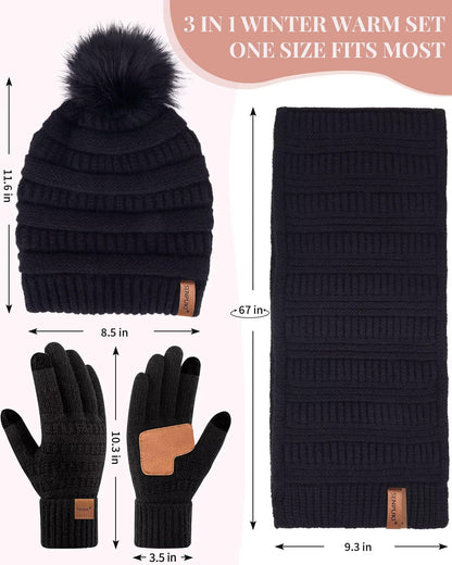 Womens Winter Beanie Hat Scarf Gloves Set, Cute Pom Pom Beanie with Warm Fleece Lined Long Knit Neck Scarf Touchscreen Gloves, 3 Piece Set for Cold Weather(Black)