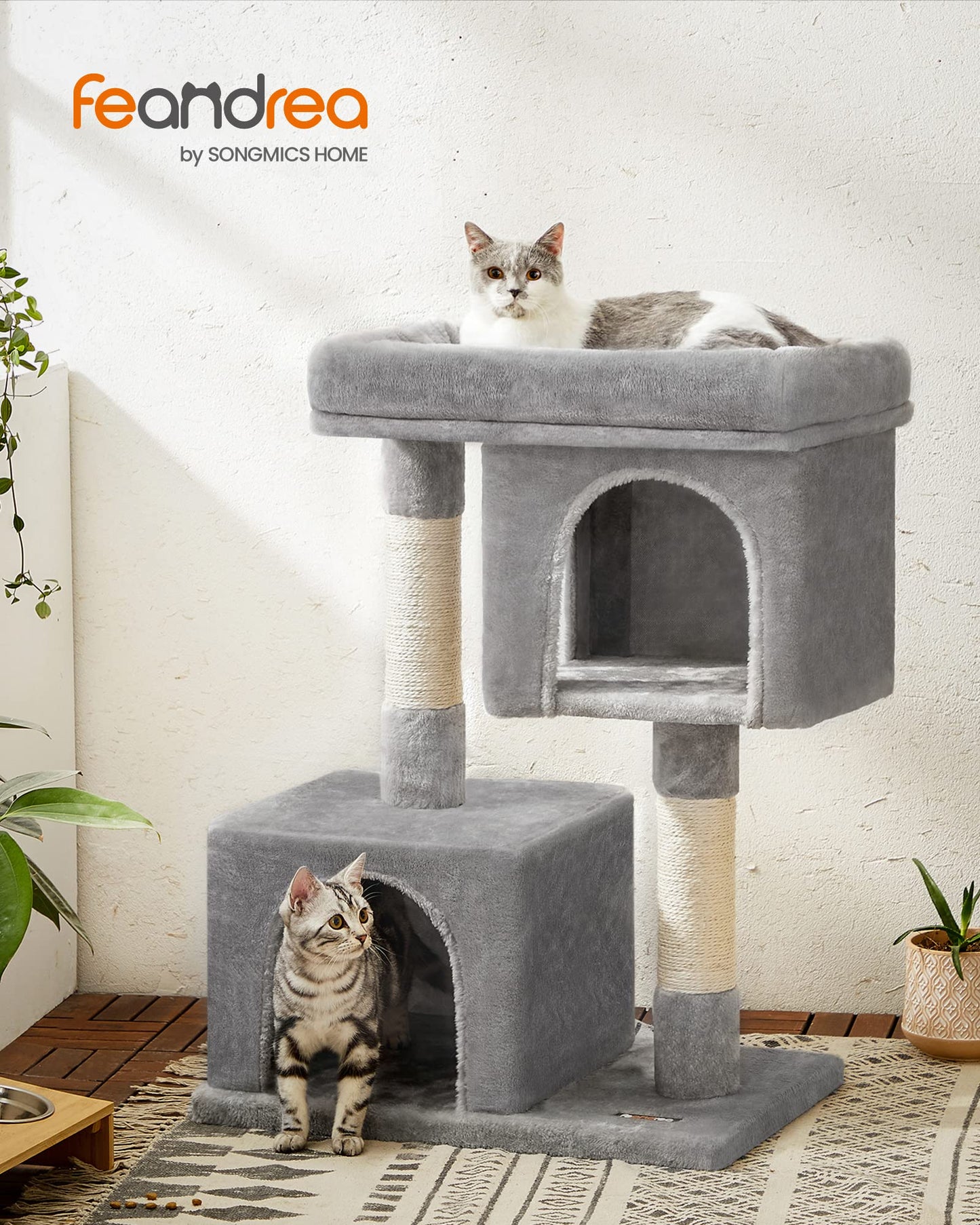 Feandrea Cat Tree, 84 cm Tower, L, Perch Condo for Large Cats up to 7 kg, 2 Caves, Scratching Post, Light Grey PCT61W