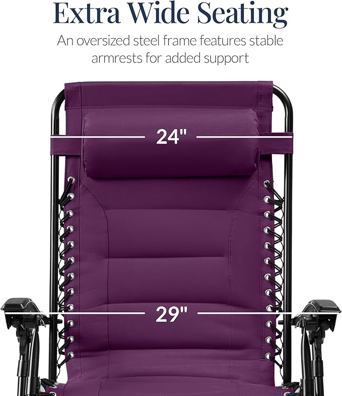 Best Choice Products Oversized Padded Zero Gravity Chair, Folding Outdoor Patio Recliner, XL Anti Gravity Lounger for Backyard w/Headrest, Cup Holder, Side Tray, Polyester Mesh - Amethyst Purple