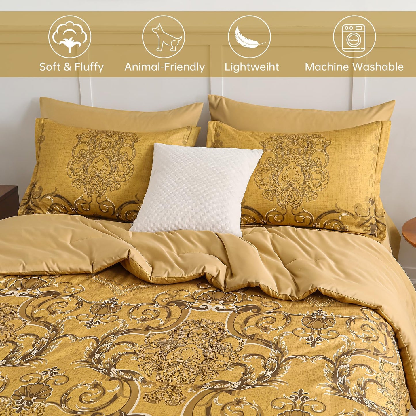 Mybedsoul Gold Queen Comforter Set, 7 Pieces Boho Bed in a Bag for Queen Bed, Damask Comforter with Sheets Pillowcases, Soft Microfiber Lightweight Bedding Sets for All Season(90"x90")