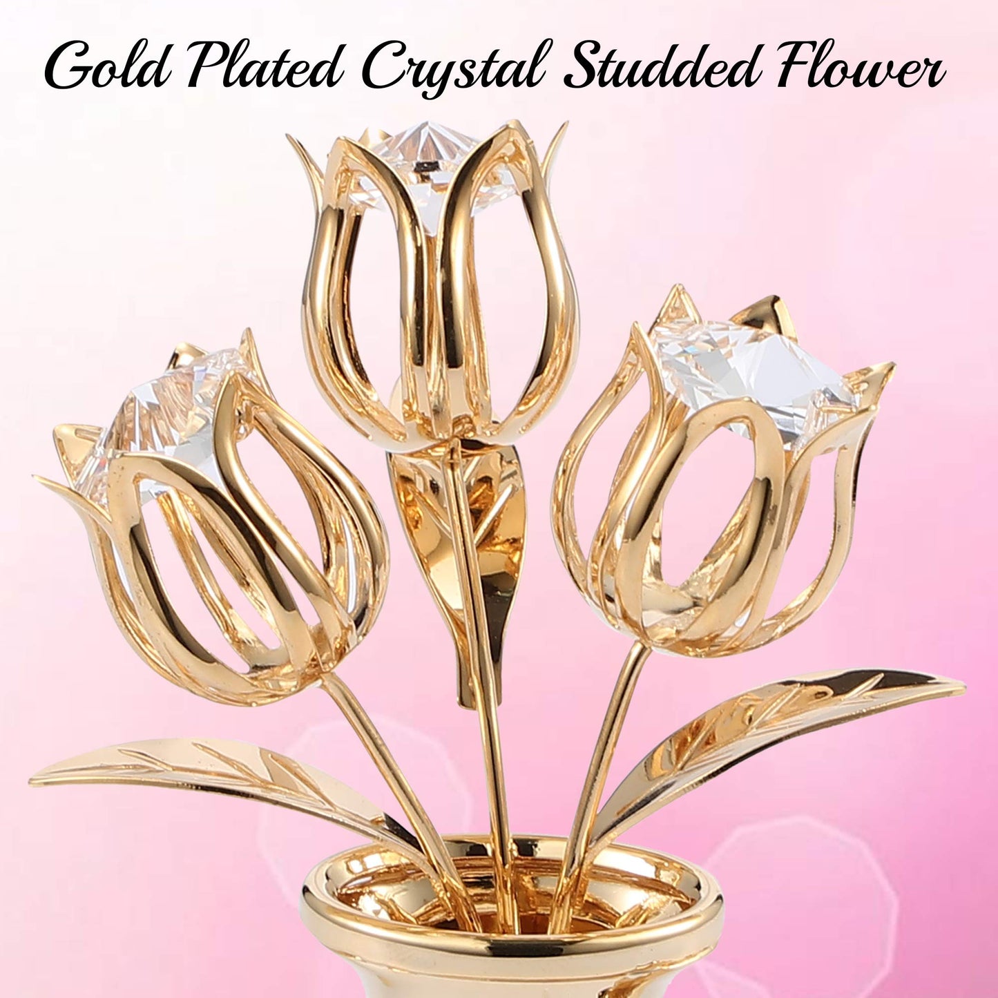 Matashi 24K Gold Plated Crystal Flower Figurine with Clear Crystals & Butterfly – Luxury Decorative Tulip Statue, Elegant Tabletop Home Décor, for Mother's Day, Valentine's Day, Christmas