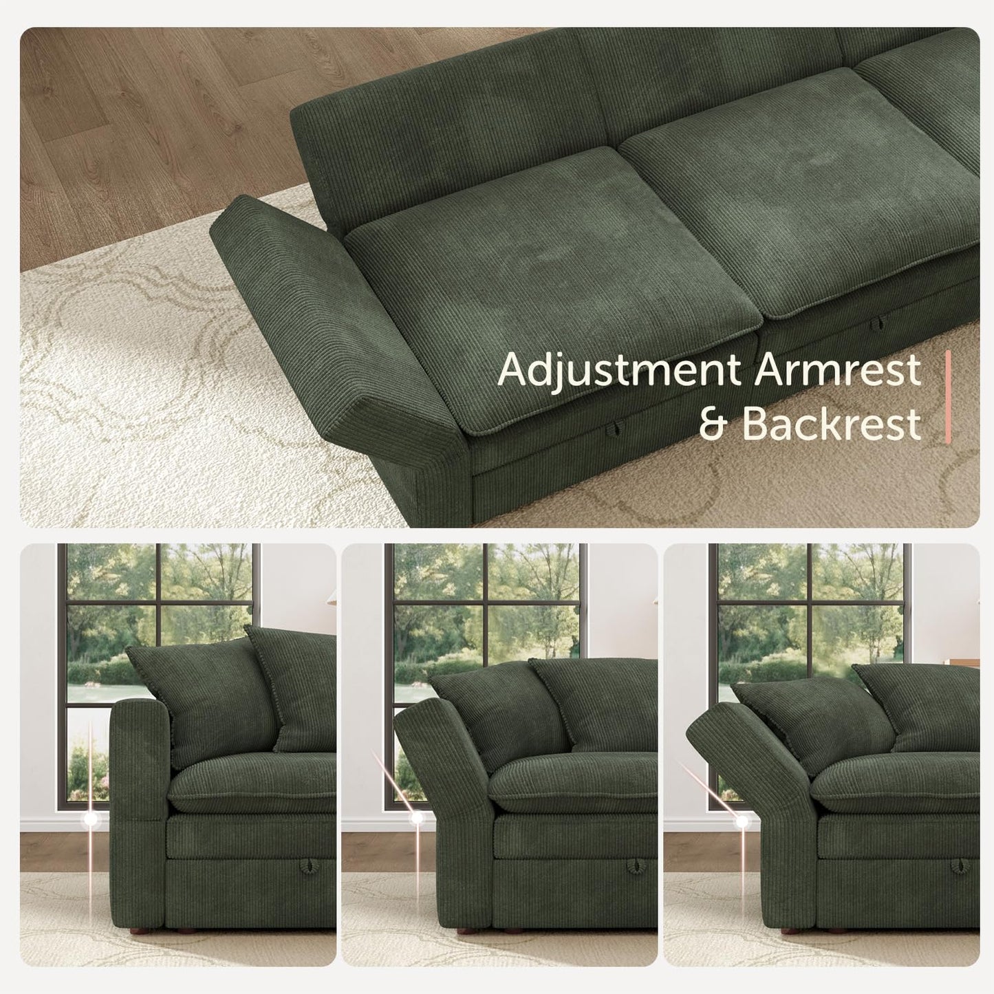 HONBAY Modular Sectional Sleeper Sofa, Corduroy 6 Seater Couch with Storage, Sectional Sleeper Couches for Living Room, Green