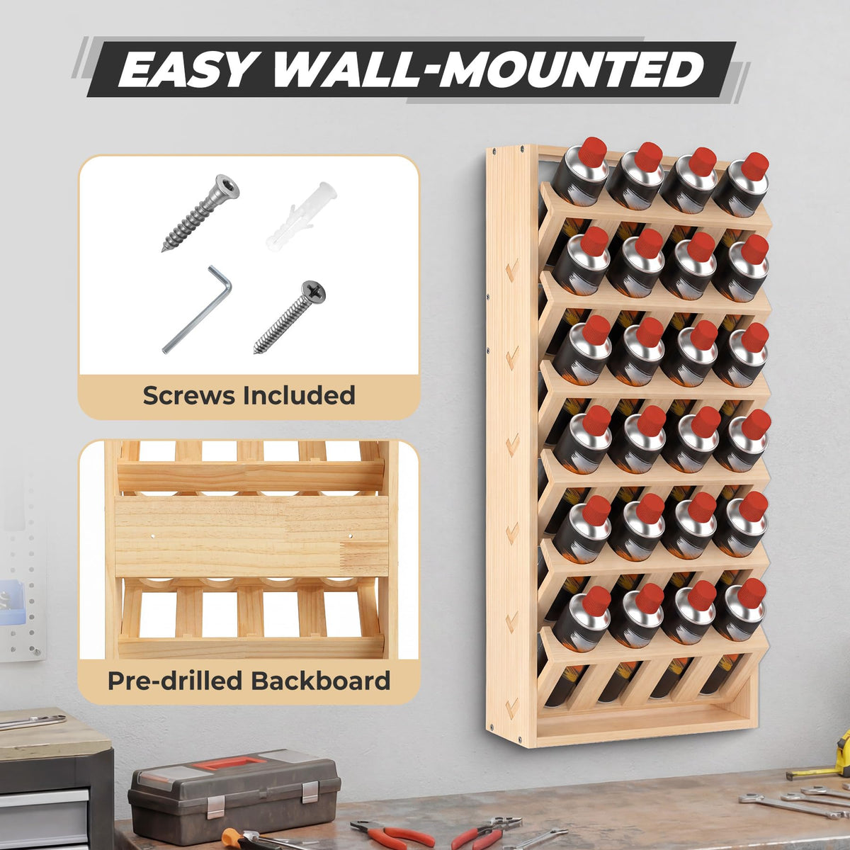 Sidasu 24 Can Spray Paint Can Holder, Wooden Spray Paint Storage Rack, Wall Mount Spray Can Organizer,6 Tier Paint Can Organizer for Garage/Workshop/Home
