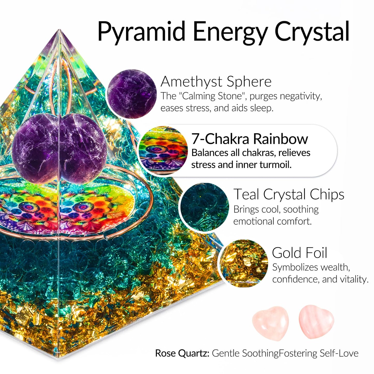 Orgone Crystal Pyramid for Positive Energy, Amethyst Sphere Seven Chakra Rainbow Crystal Pyramid, Blue Green Crystal Chips Energy Generator, Meditation Energy Healing Decor & 2 pcs Rose Quartz Heart