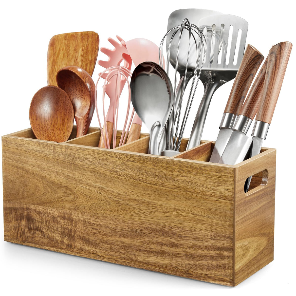 ALELION Acacia Wood Utensil Holder with Removable Divider - 4 Compartment Wooden Utensil Caddy Organizer for Kitchen Counter - Cooking Utensil Crock for Countertop