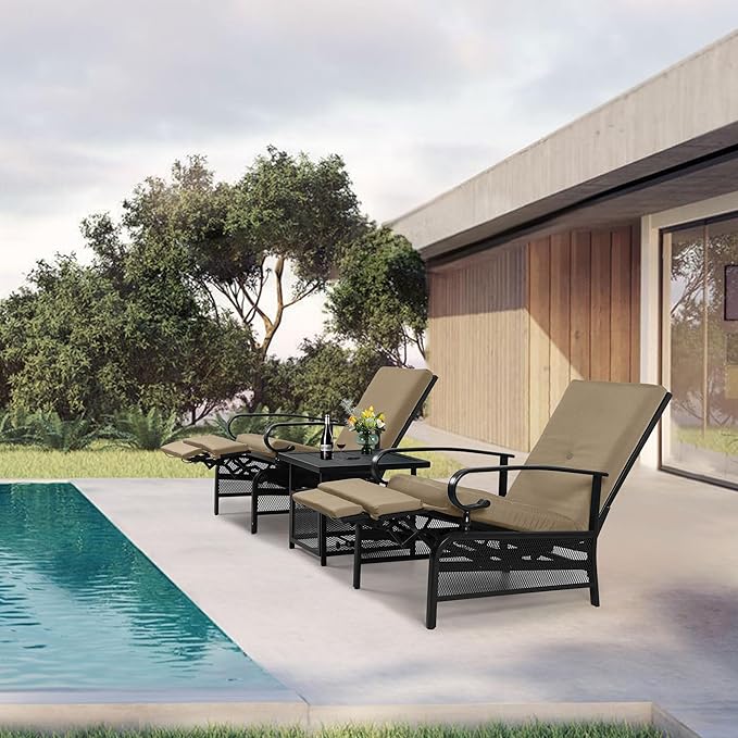 Oakcloud Adjustable Outdoor Lounge Chair Metal Patio Relaxing Recliner Chair Set with Bistro Table and Removable Cushions(Brown)