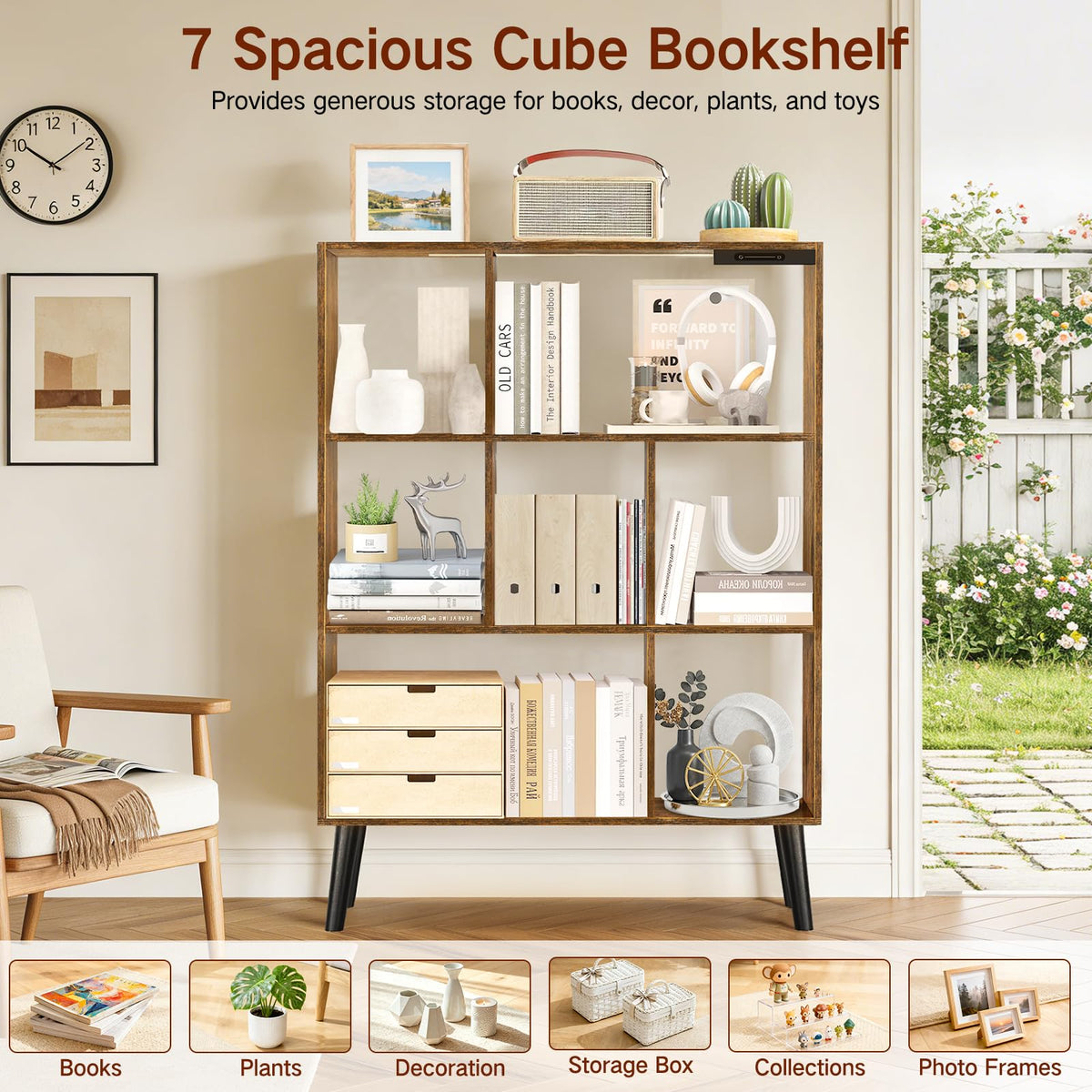 OUTONLIFE 7-Cube Bookshelf with LED Lights, Touch & Remote Control, Freestanding Open Bookcase Storage Shelf, Dimmable Modern Wooden Display Organizer with Legs for Living Room, Bedroom (Rustic Brown)