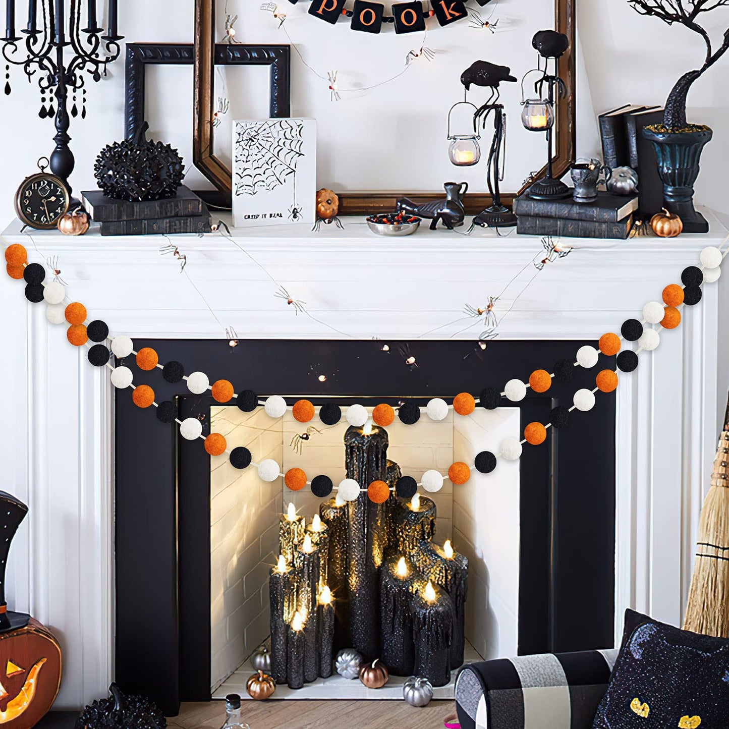 60 Balls Halloween Felt Ball Garlands - Halloween Decorations - Black Orange White Pom Pom Garlands for Home Tree Festive Indoor Outdoor Home Office Hanging Decor - 25mm