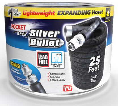 Pocket Hose Silver Bullet 25 ft Turbo Shot Nozzle Multiple Spray Patterns Expandable Garden Hose 3/4 in Solid Aluminum Fittings Lead-Free Lightweight and No-Kink
