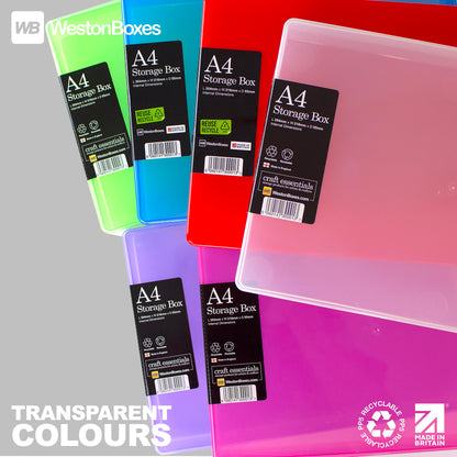 WestonBoxes A4 Transparent Plastic Craft Storage Boxes with Lids for Art Supplies, Paper and Card - 3.6 Litre Volume (Pack of 10)