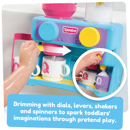 Toomies Bath Barista - Pretend Cafe Baby Bath Toys - Wall Mounted Bubble Bath Play Kitchen Toddler Toys - Kids Kitchen Set Includes 3 Cups, 1 Jug, 1 Shaker - +18 Months Boys Toys & Girls Toys