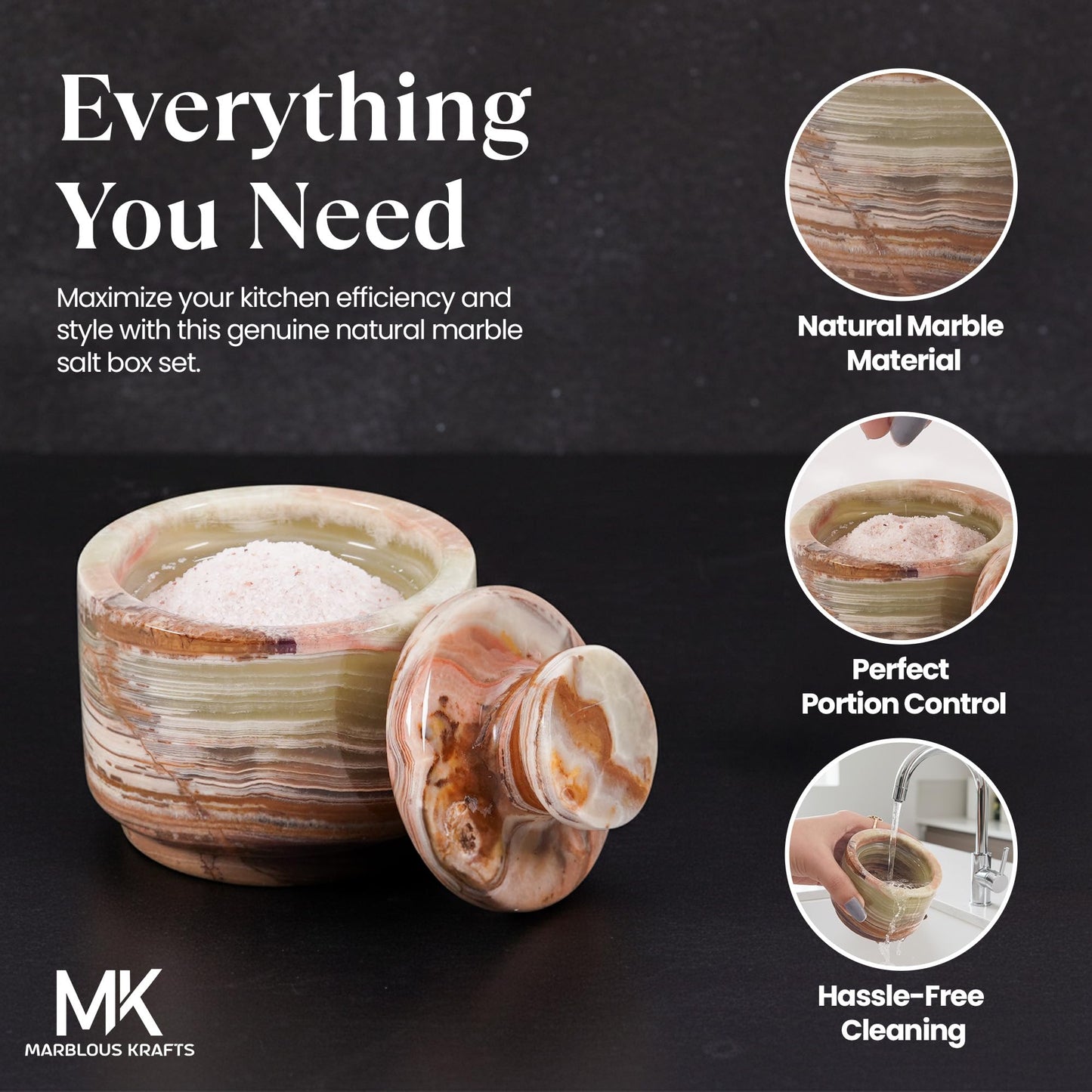 MARBLOUS KRAFTS Marble Salt Cellar with Lid White Onyx and Green Onyx 3" Stone Spice Jar, Perfect for Kitchen Counters, Ideal for Storing Salt, Sugar, and Pepper Bowls