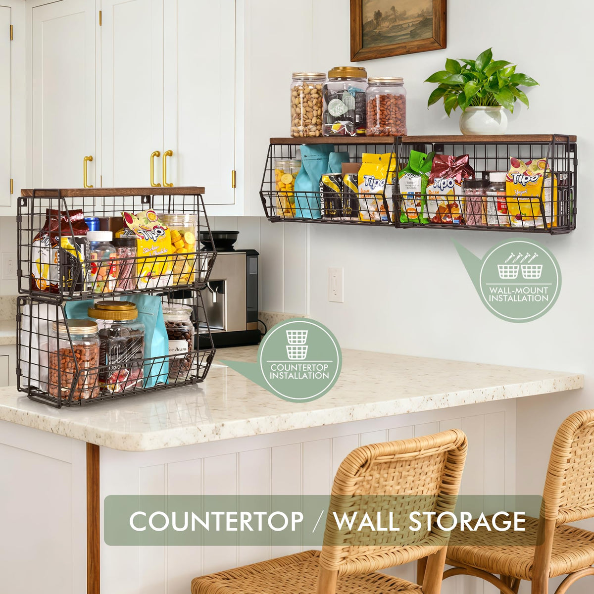 Wall Storage Hanging Baskets 2 PACK - Wooden Top Wire Basket Organizers & S Hooks - Assemble Floating Shelf Racks for Pantry Kitchen Office Bathroom Garage Organization (Extra Large)